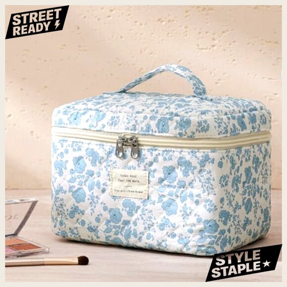 Quilted Cotton Travel Makeup Bag Set 3PCS Large Capacity Cosmetic Organizer - Picture 4 of 6